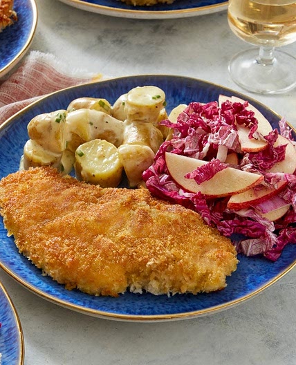 Chicken Schnitzel with Fingerling Potato Salad & Marinated Napa Cabbage