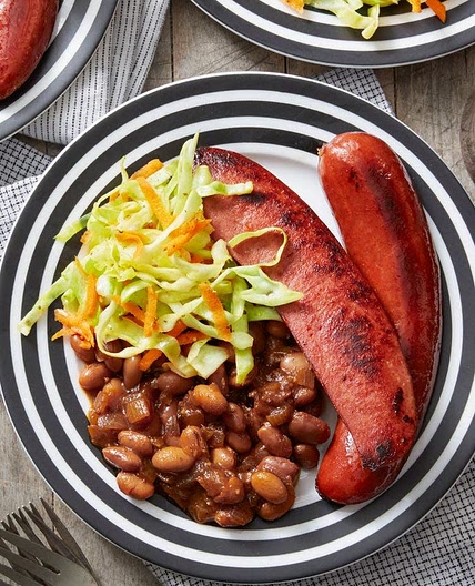 Seared Knockwurst with New England-Style Beans & Coleslaw