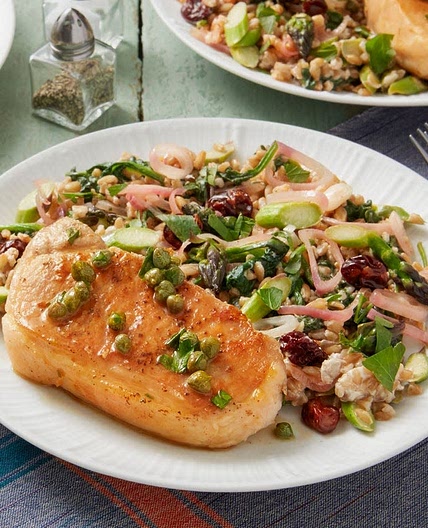 Caper-Butter Pork Chops & Farro Salad with Asparagus, Dried Cherries, & Goat Cheese