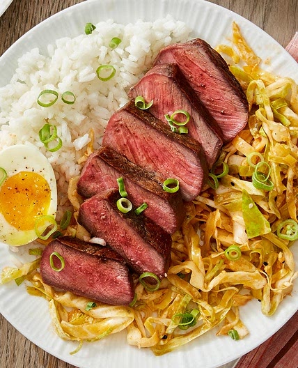 Seared Steaks & Soft-Boiled Eggs with Quick Kimchi & Jasmine Rice