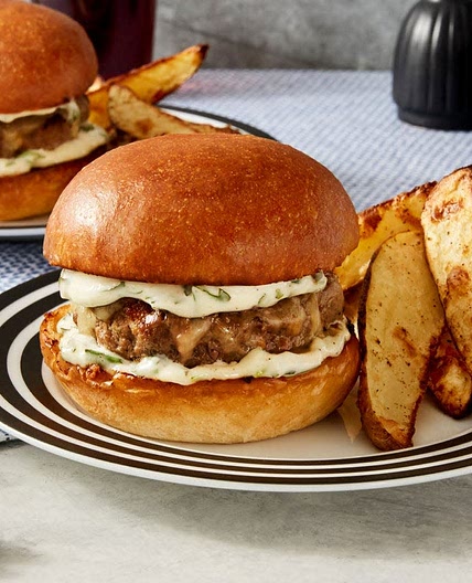 Fontina Cheeseburgers with Rosemary Oven Fries & Basil Aioli