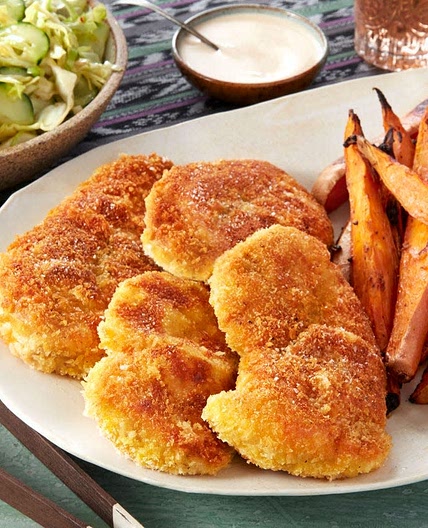 Chicken Katsu & Miso-Roasted Sweet Potatoes with Cone Cabbage Salad