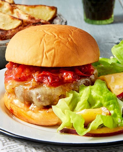 White Cheddar Pork Burgers with Cherry Tomatoes & Roasted Potato Wedges