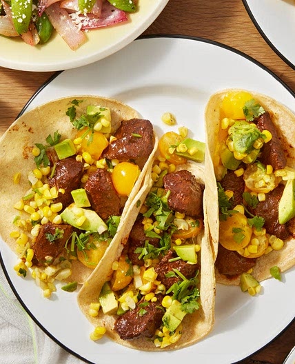 Spiced Beef Tacos with Corn Salsa & Sugar Snap Pea Salad
