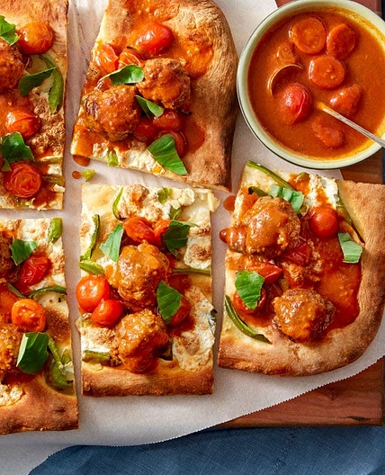 Meatball Pizza with Bell Pepper, Fresh Mozzarella, & Cherry Tomatoes