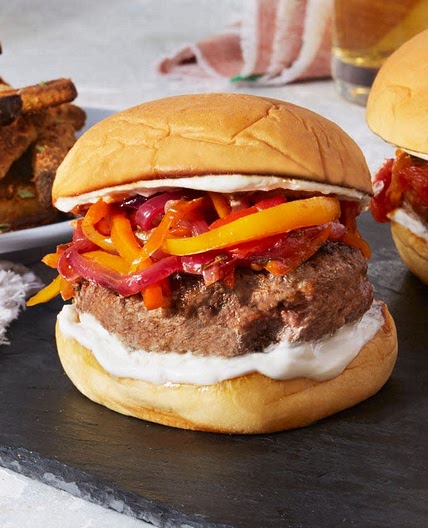 Lamb & Beef Burgers with Sweet Peppers & Baked Eggplant Fries