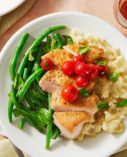 Seared Chicken & Blistered Cherry Tomatoes with Garlic Mashed Potatoes