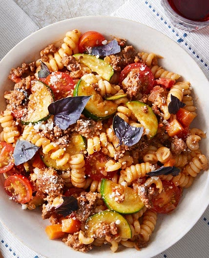 Beef Bolognese with Cherry Tomatoes, Summer Squash, & Opal Basil