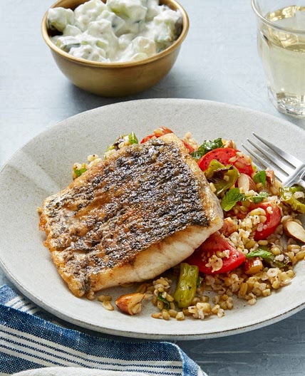 Barramundi & Tzatziki Sauce with Summer Vegetable & Freekeh Salad