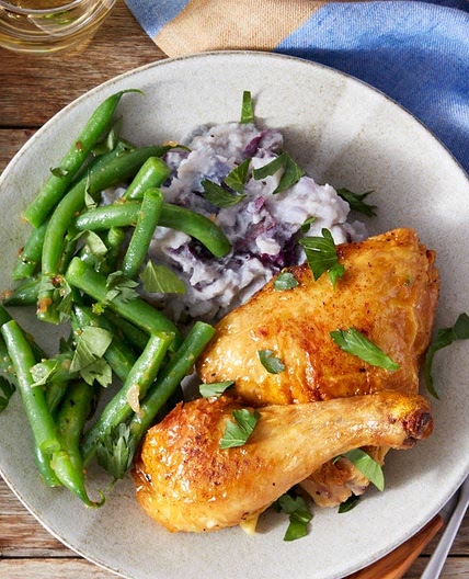Roasted Chicken with Mashed Purple Potatoes & Green Beans
