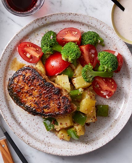 Barbecue Spice-Rubbed Pork Chops with Potato Salad & Marinated Broccoli