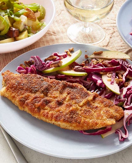 Crispy Spiced Catfish & Potato Salad with Cabbage, Apple, & Pecan Slaw