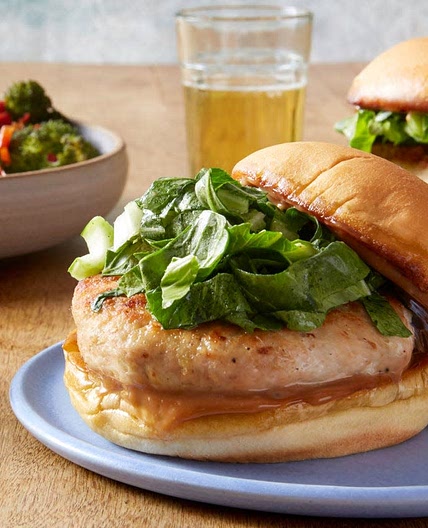 Ginger Chicken Burgers with Hoisin Mayonnaise & Roasted Broccoli