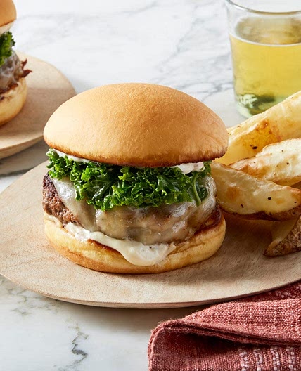 Provolone Cheeseburgers & Marinated Kale with Rosemary Roasted Potatoes