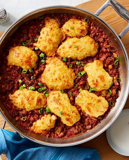 Beef & Pinto Bean Chili with Cheddar Cornbread Topping