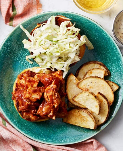 Chopped BBQ Chicken Sandwiches with Roasted Potatoes & Coleslaw
