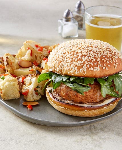 Smoky Pork Burgers with Roasted Cauliflower & Potato Salad