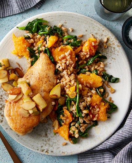 Seared Chicken & Farro with Honeynut Squash & Apple-Almond Relish
