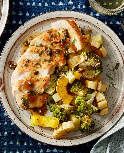 Seared Chicken & Roasted Fall Vegetables with Caper-Butter Sauce