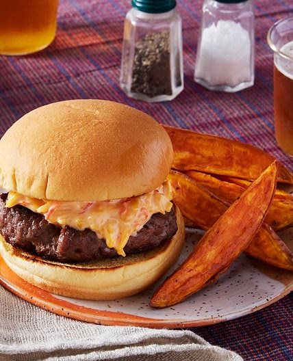 Pimento Cheeseburgers with Roasted Sweet Potato Wedges