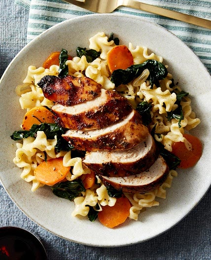 Baked Chicken & Mafalda Pasta with Honey & Balsamic Vinegar Dressing
