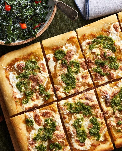 Yellow Tomato & Basil Pesto Pizza with Kale Caesar Salad