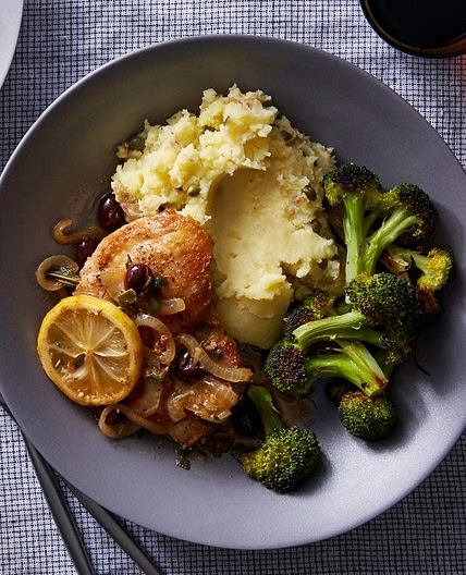 Braised Chicken & Smashed Potatoes with Olives, Herbs, & Broccoli