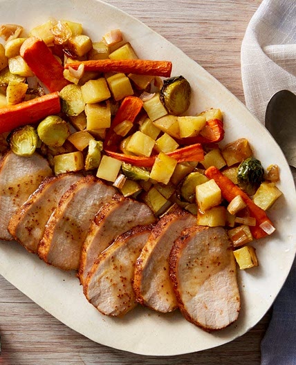 Sheet Pan Roasted Pork with Fall Vegetables & Maple Mustard Sauce