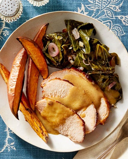 Barbecue-Glazed Turkey with Roasted Sweet Potatoes & Mustard Pan Sauce