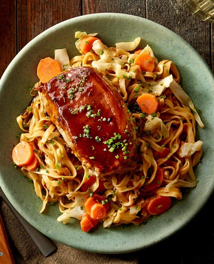 Hoisin-Glazed Pork Chops with Stir-Fried Vegetables & Wonton Noodles