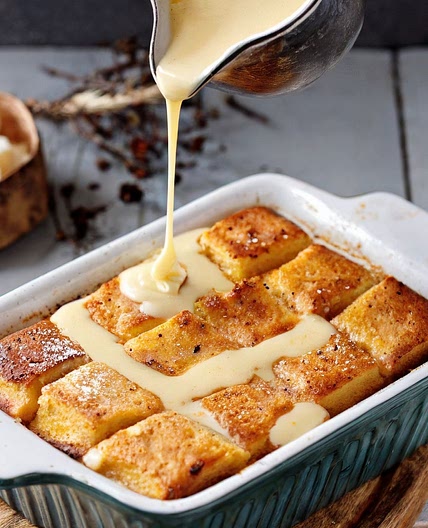 Bread Pudding in Casserole with Vanilla Sauce