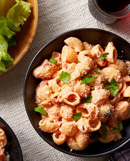 Creamy Lumaca Rigata Pasta with Butter Lettuce & Orange Salad