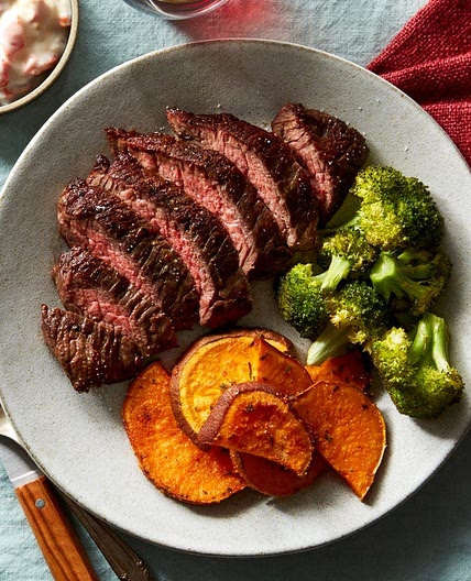 Seared Steaks & Pickled Pepper Aioli with Roasted Broccoli & Sweet Potatoes