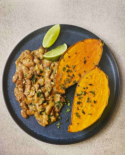 Boiled Sweet Potato with Refried Beans