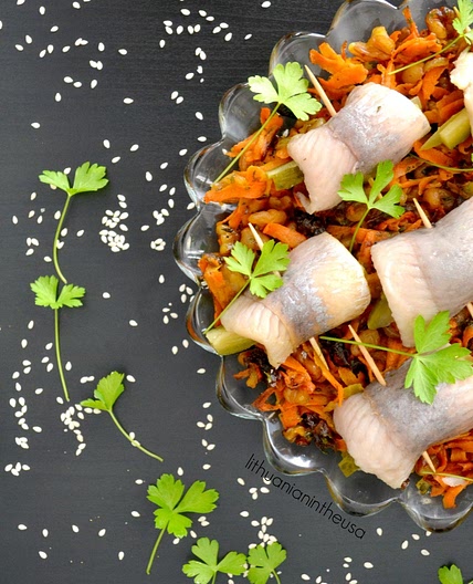 Herring with carrots, walnuts and prunes (Christmas Eve dishes)
