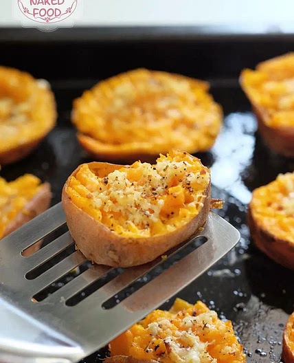Garlic Butter Smashed Sweet Potatoes