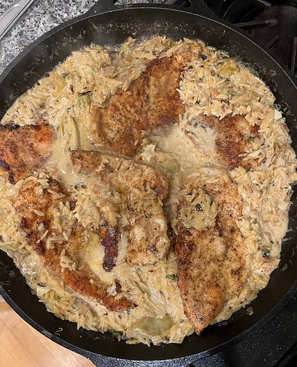 one skillet artichoke chicken and orzo