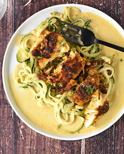 Pan-Seared Cod with Coconut Curry Sauce and Zucchini Noodles