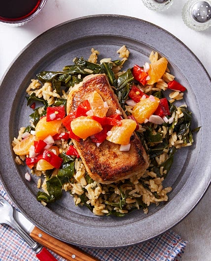 Southern-Spiced Pork Chops with Collard Green Rice & Mandarin Salsa
