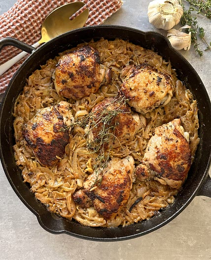 French Onion Chicken with Caramelized Onions & Orzo