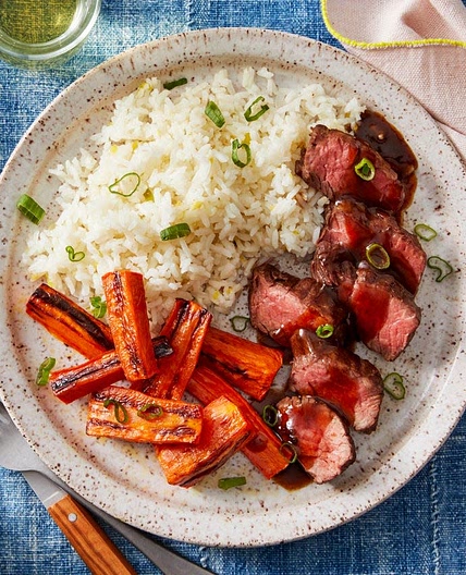 Hoisin & Ponzu Steaks with Roasted Carrots & Garlic-Ginger Rice