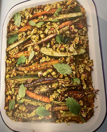 Roasted carrot, courgette & bulgur with pistachio and mint