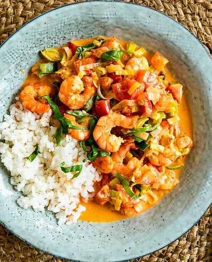 Creamy Shrimp Curry with Thai Basil and Sushi Rice