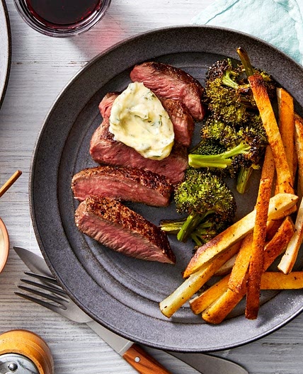 Parisian Steak Frites with Roasted Broccoli & Lemon Aioli