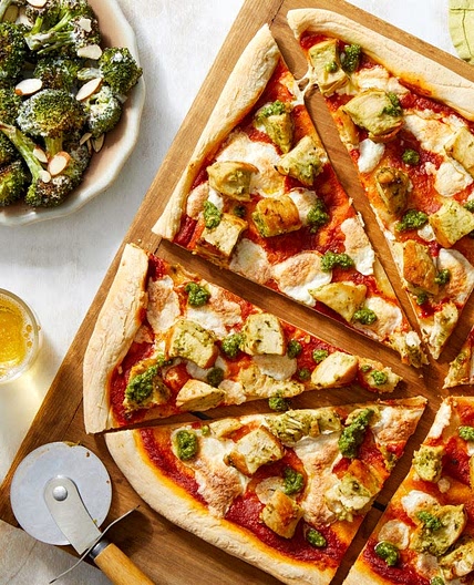 Pesto Chicken Pizza with Creamy Roasted Broccoli