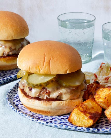 BBQ Pork Burgers with Pickled Pepper Coleslaw & Roasted Potatoes