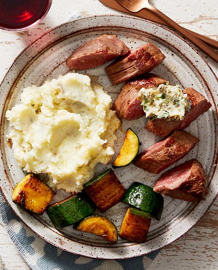 Seared Steaks & Parsley-Caper Butter with Creamy Mashed Potatoes & Zucchini