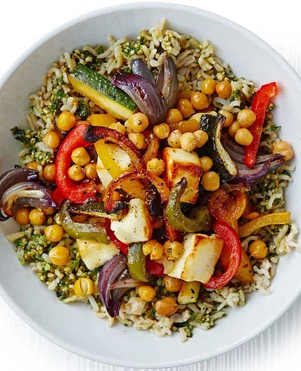 Herby rice with roasted veg, chickpeas & halloumi