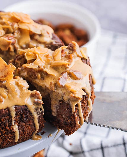 Dark Chocolate Bourbon Pecan Pie Cheesecake (full recipe in link)