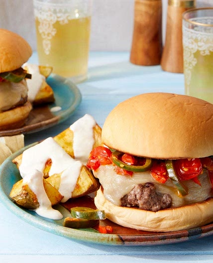 Monterey Jack Cheeseburgers topped with Poblano & Tomato Salsa
